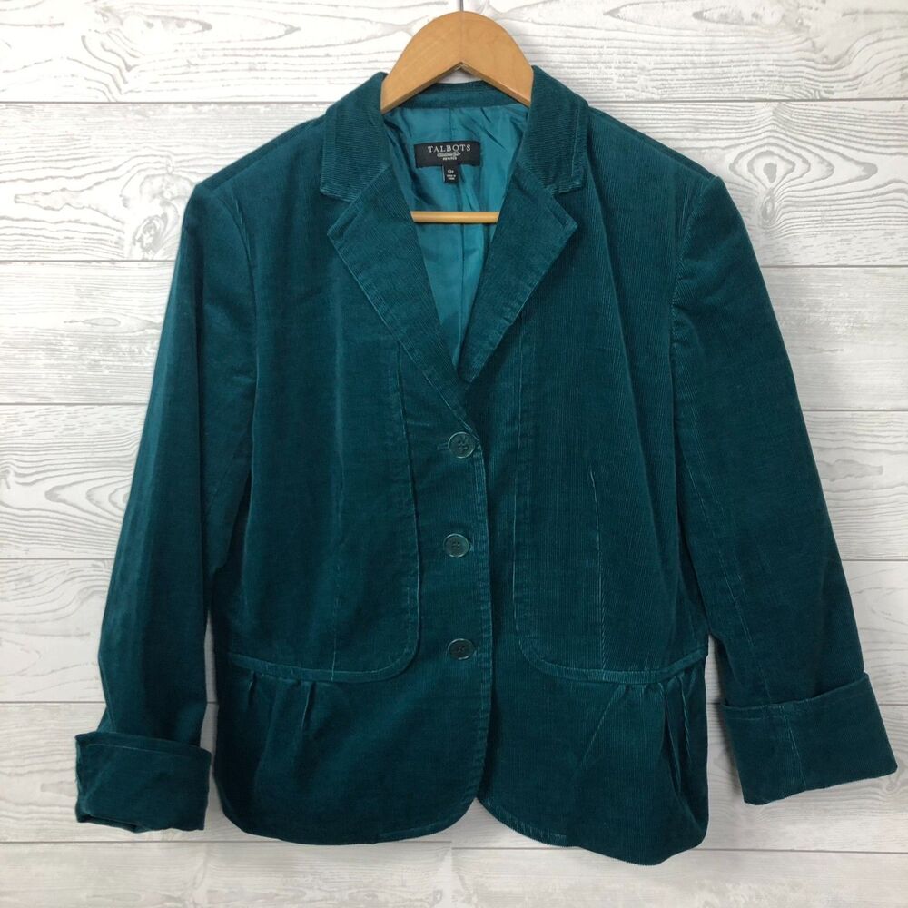 Talbots Women's 12 PETITE Button Front Blazer Jacket Green Corduroy Long Sleeve